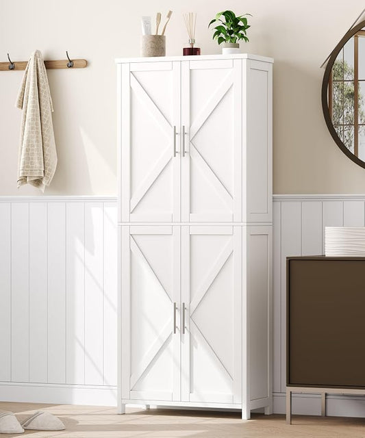 Akxomel Tall Bathroom Storage Cabinet, 11 x 22.8 x 63 Inches, Floor Cabinet with Barn Doors, Adjustable Shelf, Linen Pantry Cabinet for Kitchen, Laundry Room, Living Room, Entryway, White