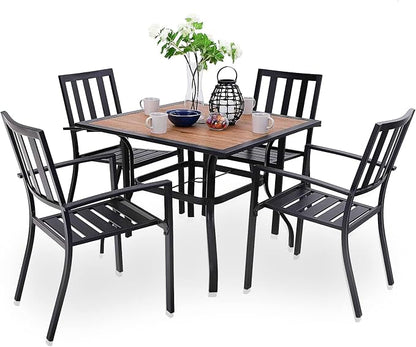 PHI VILLA 5 Pieces Outdoor Dining Set for 4, 37" Square Metal Table with Polywood Top & Stackable Wrought Iron Chairs, Outside Furniture Set for Patio, Deck, Backyard, Porch