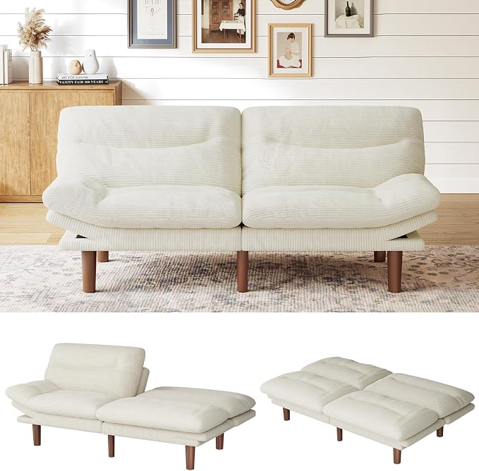 Marsail 75" Futon Sofa Bed, Convertible Corduroy Futon Couch with Adjustable Backrest & Armrests, Small Sleeper Sofa Loveseat for Living Room, Apartment, White