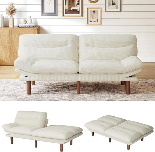 Marsail 75" Futon Sofa Bed, Convertible Corduroy Futon Couch with Adjustable Backrest & Armrests, Small Sleeper Sofa Loveseat for Living Room, Apartment, White