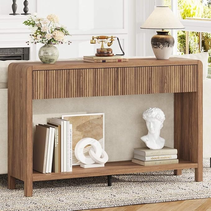 FATORRI Console Sofa Table for Entryway, 47.2 inch Wood Foyer Tables for Living Room, Farmhouse Couch Table behinde Sofa with 2 Drawers for Hallway Storage (Walnut)