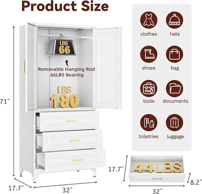 Metal Armoire Wardrobe Closet with Hanging Rod, 71" Tall Wardrobe Cabinet with Doors and 3 Drawers, Clothing Storage Cabinets for Bedroom