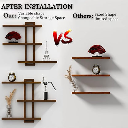 yaqew Variable Wood Floating Shelves Set of 3, Wall Cube Shelves 28.35" Max, Wall Shelves for Living Room Bathroom Bedroom - Dark Walnut Color - 28.35" x 23" x 5.9" Max