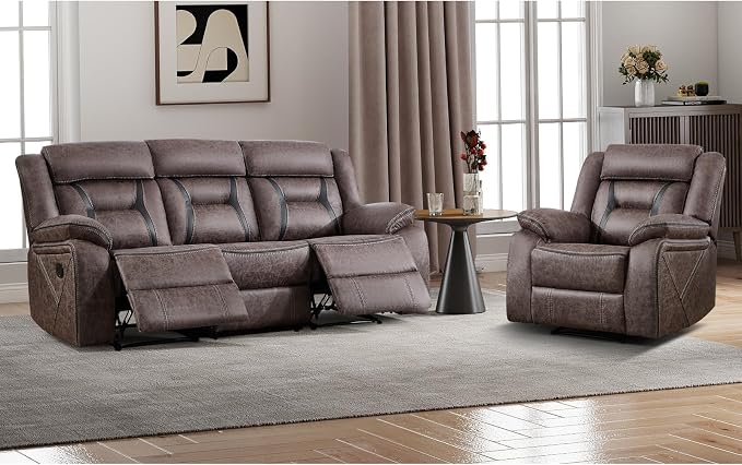 EBELLO Manual Recliner Sofa Set, Faux Leather Reclining Living Room Furniture Set, Included Recliner Chair and 3 Seat Manual Recline Sofa, Grey