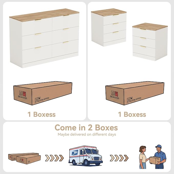 3 Pieces of Dresser and Nightstand Set,47.2" Width 6-Drawer Dresser & 3-Drawer Nightstands Set of 2 w/Gold Metal Handle, Modern Design for Bedroom,White & Brown