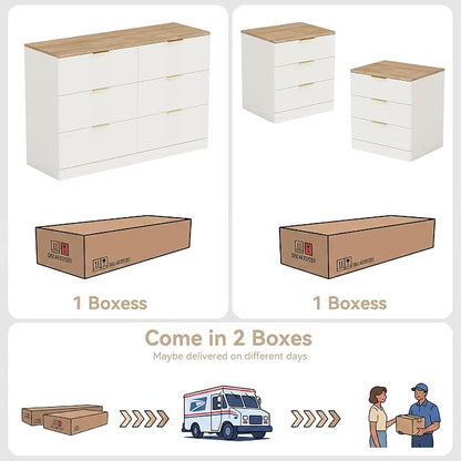 3 Pieces of Dresser and Nightstand Set,47.2" Width 6-Drawer Dresser & 3-Drawer Nightstands Set of 2 w/Gold Metal Handle, Modern Design for Bedroom,White & Brown