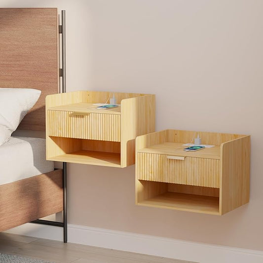 Arbuxzuy Floating Nightstand Set of 2 with Charging Station, Modern Wall Mounted Bedside Table with Drawer & Open Shelf, Made of Minimalist Wood for Bedroom (Light Brown)