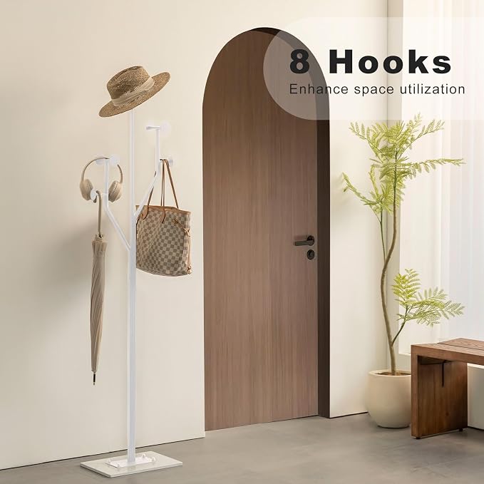 JIAYUEJU Heavy Duty Coat Rack Tree-shaped Metal Freestanding Coat Tree with Sturdy Marble Base Corner Coat Rack for Bedroom Entryway Hallway 14.96 x 10.24 x 68.9 Inches (White)
