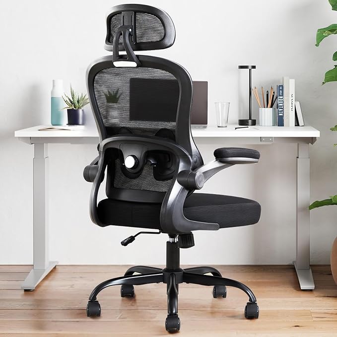 Ergonomic Office Chair,Ultra Thick Spring Cushion Desk Chair,Black | Adjustable Lumbar Support and Headrest,Flip-up Arms,Rocking Function,Mesh Home Office Computer Chair