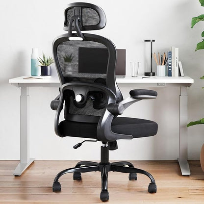 Ergonomic Office Chair,Ultra Thick Spring Cushion Desk Chair,Black | Adjustable Lumbar Support and Headrest,Flip-up Arms,Rocking Function,Mesh Home Office Computer Chair