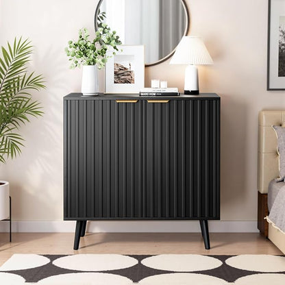 Set of 2 Fluted Storage Cabinet, Buffet Cabinet with Storage, Wood Sideboard with Adjustable Shelf, Modern Accent Cabinet & Console Table for Entryway, Living Room, Dining Room, Black