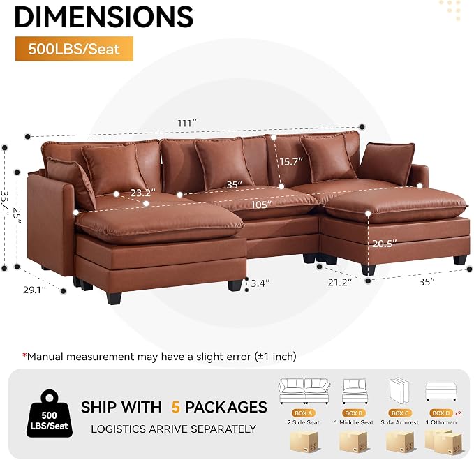 111'' Sectional Cloud Deep Seat Couch, Oversized Leather U Shaped Sectional Sofa for Living Room Set, Comfy Upholstered Modular 5-Seats Sectional Sofa Couch with 2 Movable Ottoman, Leather Brown