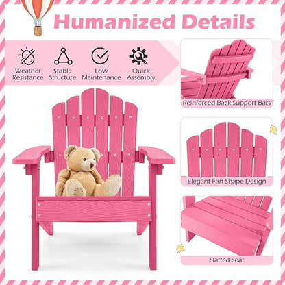 Costzon Kids Adirondack Chair, All-Weather HIPS Toddler Outdoor Chair, Wooden Textured Plastic Fire Pit Chair, Kids Patio Chair for Backyard Lawn Garden, Fits Children Age 3-7 Years (1, Pink)