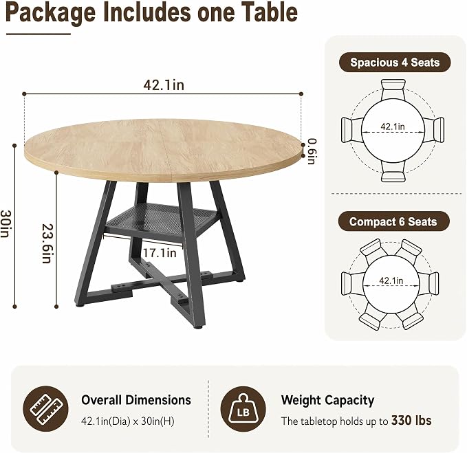 Jocoevol Round Dining Table,Kitchen Dining Room Circle Dinner Pedestal Table,Space Saving Wood Kitchen & Dining Room Furniture (Natual Wood, 42In)