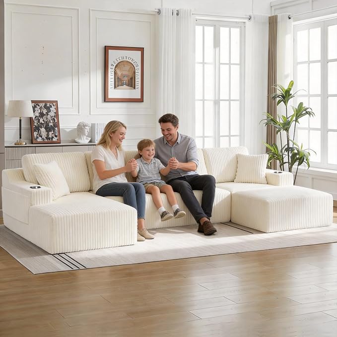 130" U-Shaped Modular Sectional Sofa with Chaise, Boneless Corduroy Flexible Module Seating for Living Room, Cloud Couch with Cup Holders and Side Pockets, No Assembly (Beige)