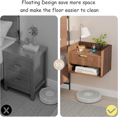 Arbuxzuy Floating Nightstand Set of 2 with Charging Station, Modern Wall Mounted Bedside Table with Drawer & Open Shelf, Minimalist Wooden Night Stand for Bedroom (Walnut Brown)