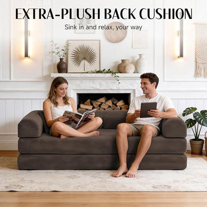 78.8" Memory Foam Boneless Couch, Corduroy Floor Sofa Bed, Convertible Sleeper Futon Loveseat, Wide Armrests & Back Support, Supports Up to 1200 lbs, Couch in a Box with 2 Pillows, Brown