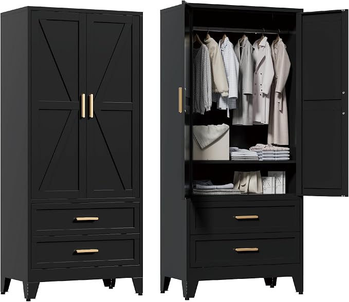 Washsemba 71'' Farmhouse Metal Wardrobe Cabinet with Hanging Rod, 2 Barn Door Wardrobe Closet with Adjustable Shelves,2 Drawer,for Dining Room,Bedroom,Living Room, Cloak Room,Office (Black)
