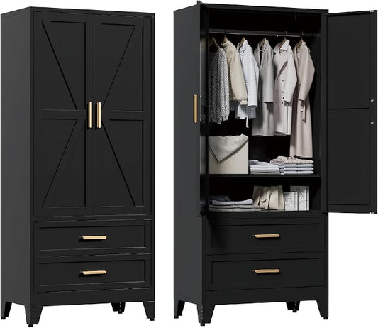 Washsemba 71'' Farmhouse Metal Wardrobe Cabinet with Hanging Rod, 2 Barn Door Wardrobe Closet with Adjustable Shelves,2 Drawer,for Dining Room,Bedroom,Living Room, Cloak Room,Office (Black)