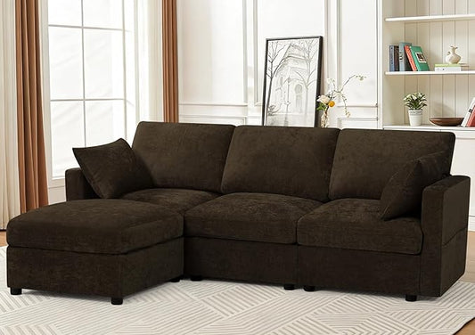 84” Chenille 3-Seats Sofa W/Movable Ottoman, Brown | Modern Fabric L-Shaped Couch w/Soft Backrests, Upholstered Sectional Sofa w/Arm Pillows for Living Room