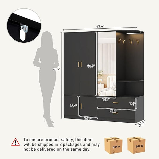XVD Armoire Wardrobe Closet with Mirror & Sensor Light, Bedroom Armoire with 5 Doors & 2 Drawers, Modern Wooden Large Wardrobe Closet with Shelves, 4 Metal Hooks, 2 Hanging Roods, Open Space, Black