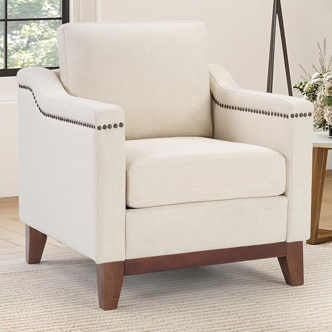 HAOMARKETS Vintage Upholstered Armchair with Nailhead Trim and Solid Wood Legs, Comfortable Accent Chair for Living Room & Bedroom, Beige