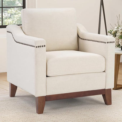 HAOMARKETS Vintage Upholstered Armchair with Nailhead Trim and Solid Wood Legs, Comfortable Accent Chair for Living Room & Bedroom, Beige