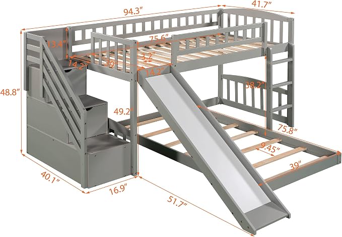 Ball & Cast Twin Over Twin Size Bunk Bed with Two Drawers and Slide,Wood Bunkbed w/Full-Length Guardrails & Storage Ladder,Space Saving,Slat Support,Bedframe for Child's Bedroom,Gray