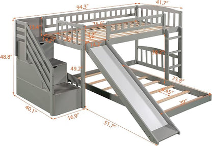 Ball & Cast Twin Over Twin Size Bunk Bed with Two Drawers and Slide,Wood Bunkbed w/Full-Length Guardrails & Storage Ladder,Space Saving,Slat Support,Bedframe for Child's Bedroom,Gray