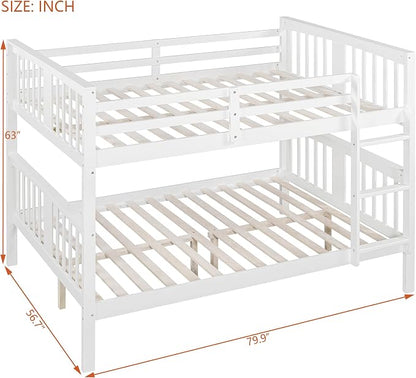 Merax Full Over Full Bunk Bed Convertible to Two Separate Beds, Solid Pine Wood Frame with Safety Guardrail & Headboard/Footboard, Sturdy Durable Design, for Teens, No Box Spring Needed, White