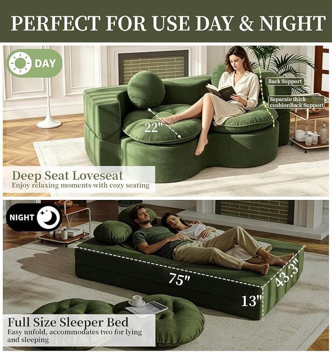 75” Full Size Convertible Sleeper Sofa Bed, Boneless Folding Futon Loveseat Sofa with 2 Pillows, High Density Foam Compressed Foldable Guest Couch for Living Room Apartment (Green Corduroy)