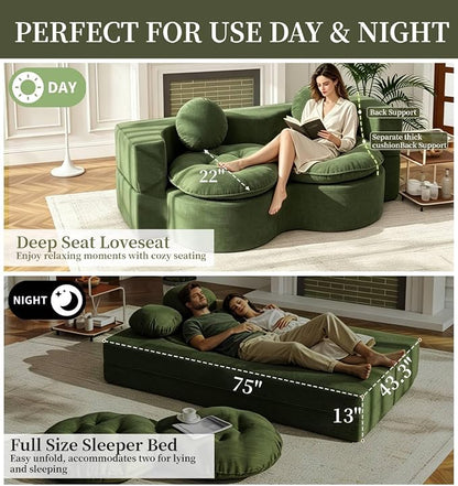 75” Full Size Convertible Sleeper Sofa Bed, Boneless Folding Futon Loveseat Sofa with 2 Pillows, High Density Foam Compressed Foldable Guest Couch for Living Room Apartment (Green Corduroy)