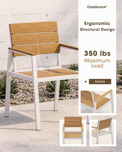 Outdoor Dining Set for 6, Aluminum Patio HDPS Outdooor Table and Chairs Set with Umbrella Hole, All Weather Patio Furniture Set, 7 Peice Patio Dining Table Set (White & Teak)