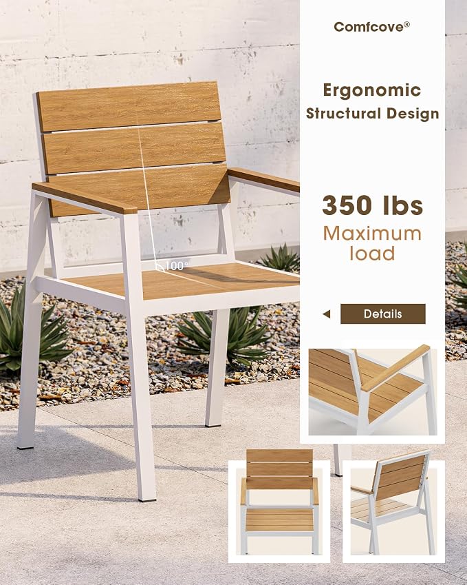 Outdoor Dining Chiars Set of 2, Aluminum Patio HDPS Outdooor Dining Chiars, All Weather Patio Furniture Set (White & Teak)