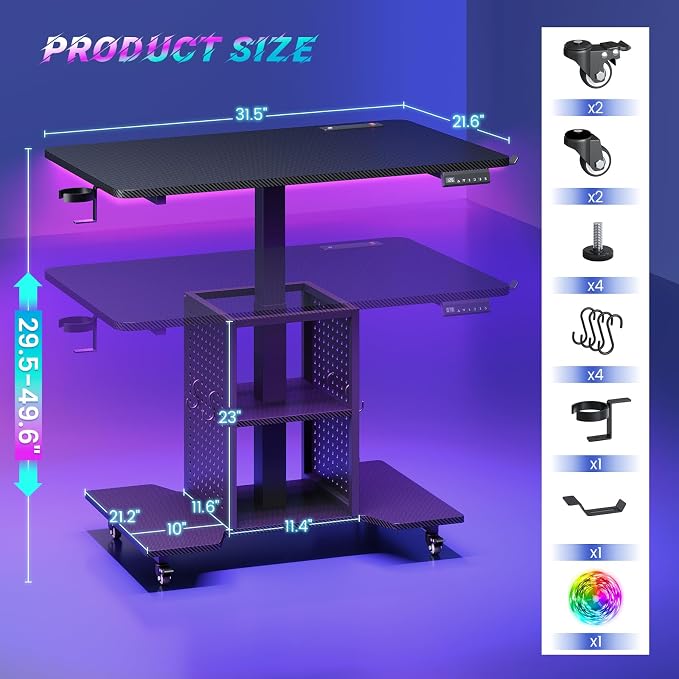 SEDETA Small Standing Gaming Desk, 31.5" Rolling Computer PC Desk Height Adjustable with Power Outlet, Pegboard & Storage Shelves, RGB LED Light, for Small Spaces/Bedroom/Gaming, Carbon Fiber Black