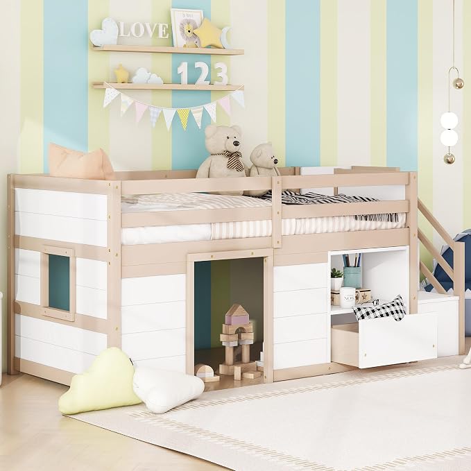 Bellemave Twin Size Low loft Bed for Kids,Wood Loft Beds,Modern Farmhouse Twin loft Bed,Loft Bed with Desk and Storage, No Box Spring Needed,for Kids, Cream White and Natural