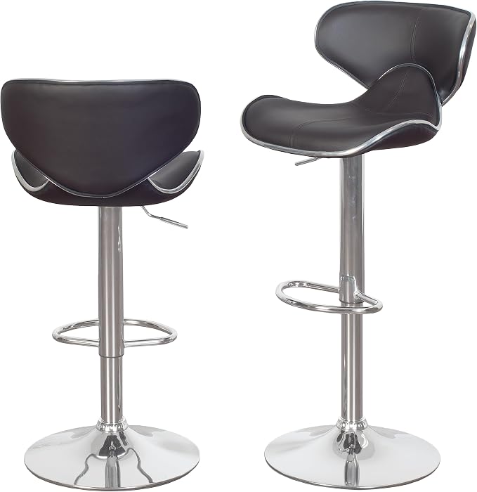 Roundhill Furniture Masaccio Cushioned Leatherette Upholstery Airlift Adjustable Swivel Barstool with Chrome Base, Set of 2, Brown