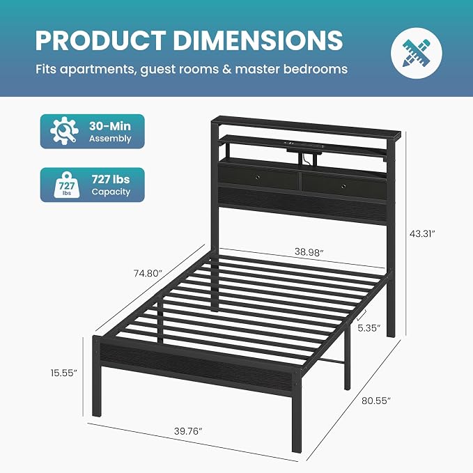 Sweetcrispy Bed Frame Twin Size with LED Lights and Charging Station, Sturdy Platform Beds Frame with Storage Drawers, 3-Tier Shelves and Under Bed Storage, No Box Spring Needed, Black