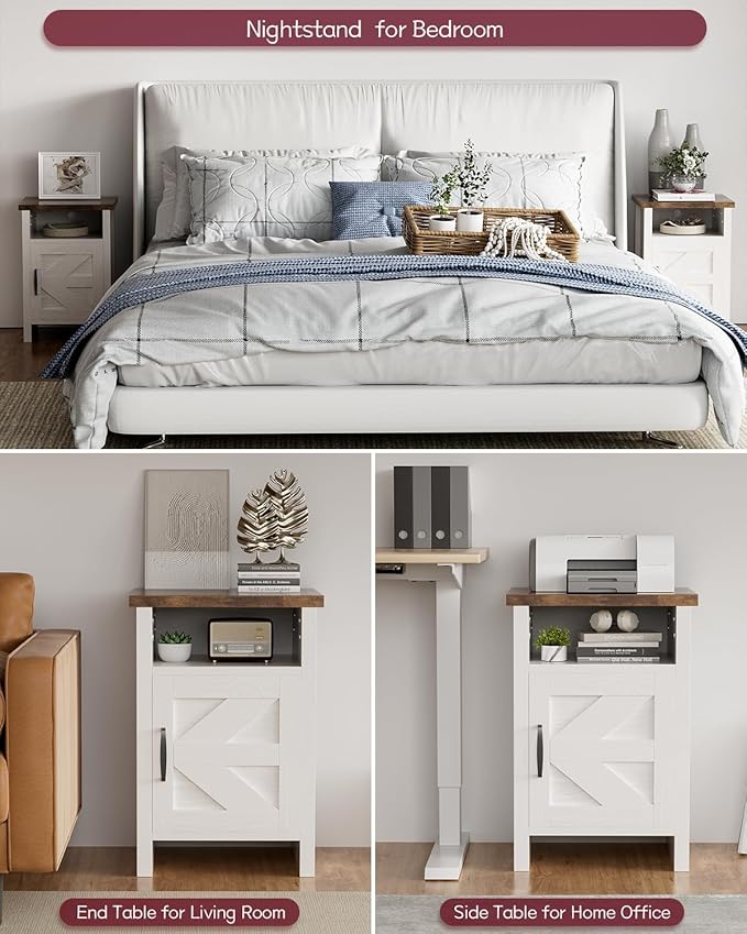 YESHOMY Farmhouse Modern Nightstand with Shelf and Barn Door, Set of 1 for Bedroom, White