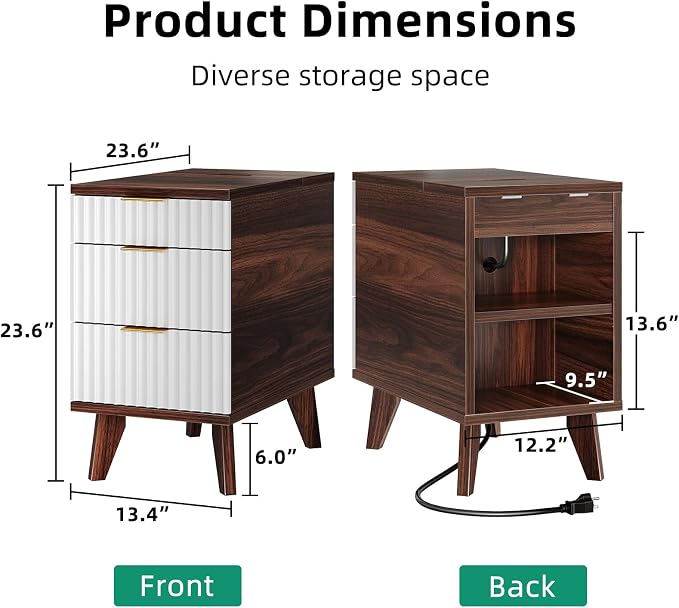 Kalrin Narrow Nightstand with Hidden Outlets & USB Ports, Modern Fluted Bedside Table with 3 Drawers, Engineering Wooden End Tables for Bedroom and Living Room(Brown & White)