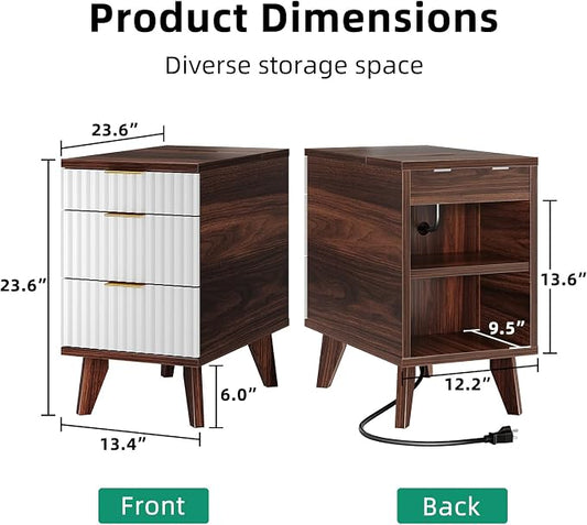 Kalrin Narrow Nightstand with Hidden Outlets & USB Ports, Modern Fluted Bedside Table with 3 Drawers, Engineering Wooden End Tables for Bedroom and Living Room(Brown & White)