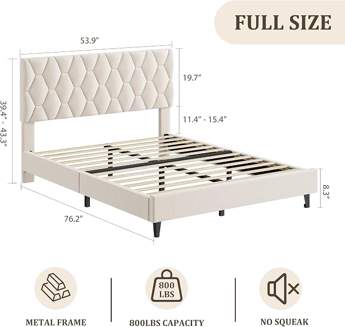 GAOMON Beige Full Bed Frame with Upholstered Headboard, Heavy-Duty Platform Bed Frame with Strong Wood Slats, No Box Spring Needed/Noise Free/Easy Assembly