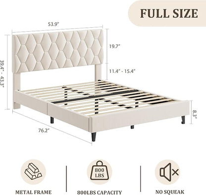 GAOMON Beige Full Bed Frame with Upholstered Headboard, Heavy-Duty Platform Bed Frame with Strong Wood Slats, No Box Spring Needed/Noise Free/Easy Assembly