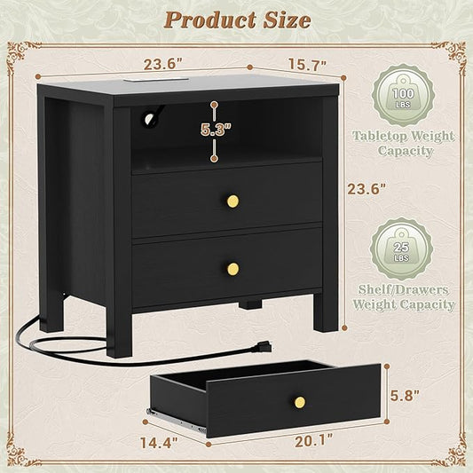 Aheaplus Nightstand with Charging Station, 23.6'' Large Bed Side Table with Wooden 2 Drawers, Night Stand for Bedroom, End Table with Open Storage Shelf for Living Room, Set of 2, Black