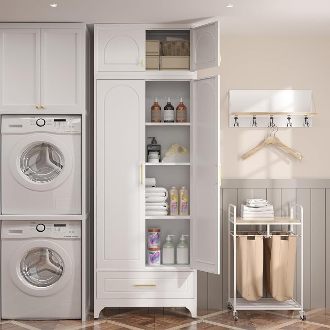 SteeLoong Kitchen Pantry Cabinet，90" Storage Cabinets with Doors and Shelves,Metal Pantry Cabinet with Drawers,White Kitchen Cupboard for Livingroom,Pantry, Bathroom