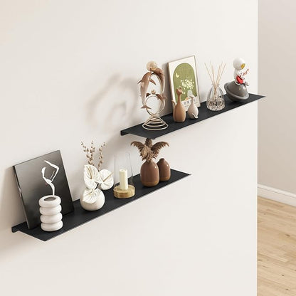 MKO 20" Floating Shelves for Wall, Long Metal Wall Mounted Shelf for Bathroom, Bedroom, Living Room, Kitchen, Display Hanging Shelves for Books/Storage/Room Decor 2 Packs, Black