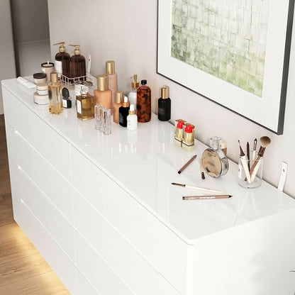 Modern High Gloss Dresser with LED Lights, 8 Drawer Dresser for Bedroom, Bottom Warm Lights, Handle-Free Design, 63" Contemporary Chest of Drawers White 63" W x 15.7" D x 30.9" H
