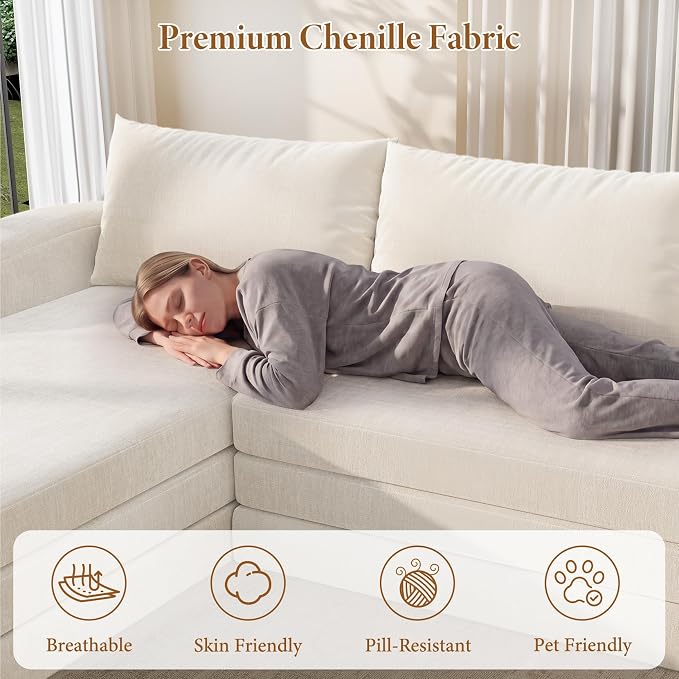 Vesgantti 6 in 1 Convertible Folding Sleeper Sofa Bed, 110.2" Modular Sectional Sofa with Curved Armrest, Chenille Boneless Couch for Living Room, No Assembly Required, Beige, Left Facing Chaise