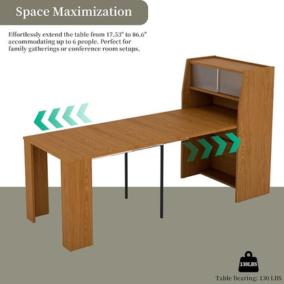 HIPIHOM 86.6" Extendable Dining Table for 4-6, MDF, Storage Cabinet | Retractable Console Table, Storage Cabinet for Kitchen or Dining Room, Ideal for Small Space, Apartment, Family Meal