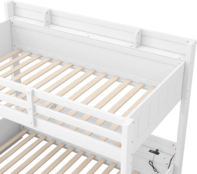 Wood Bunk Bed Twin Over Full Size with Built-in Storage Shelves and Charging Station, Versatile Bunk Bed Frame with Ladder and Guardrail for Kids Teens Adult, Maximize Space (White-5.6)